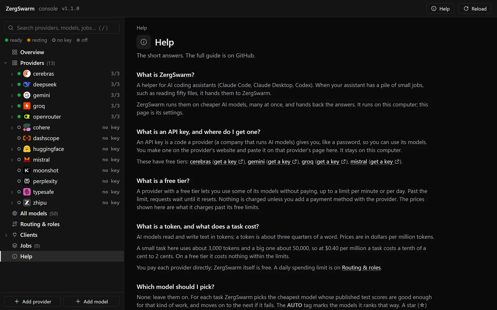 Help page: what each part of the console does and how to get started
